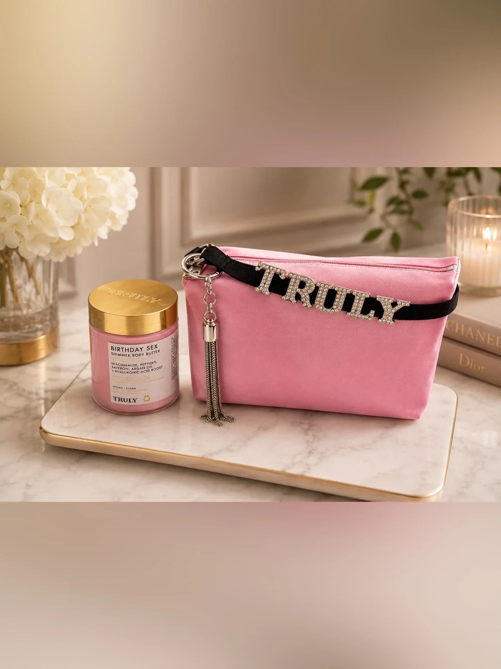 TRULY Pink Satin Pouch with Crystal Letter Strap and body butter set